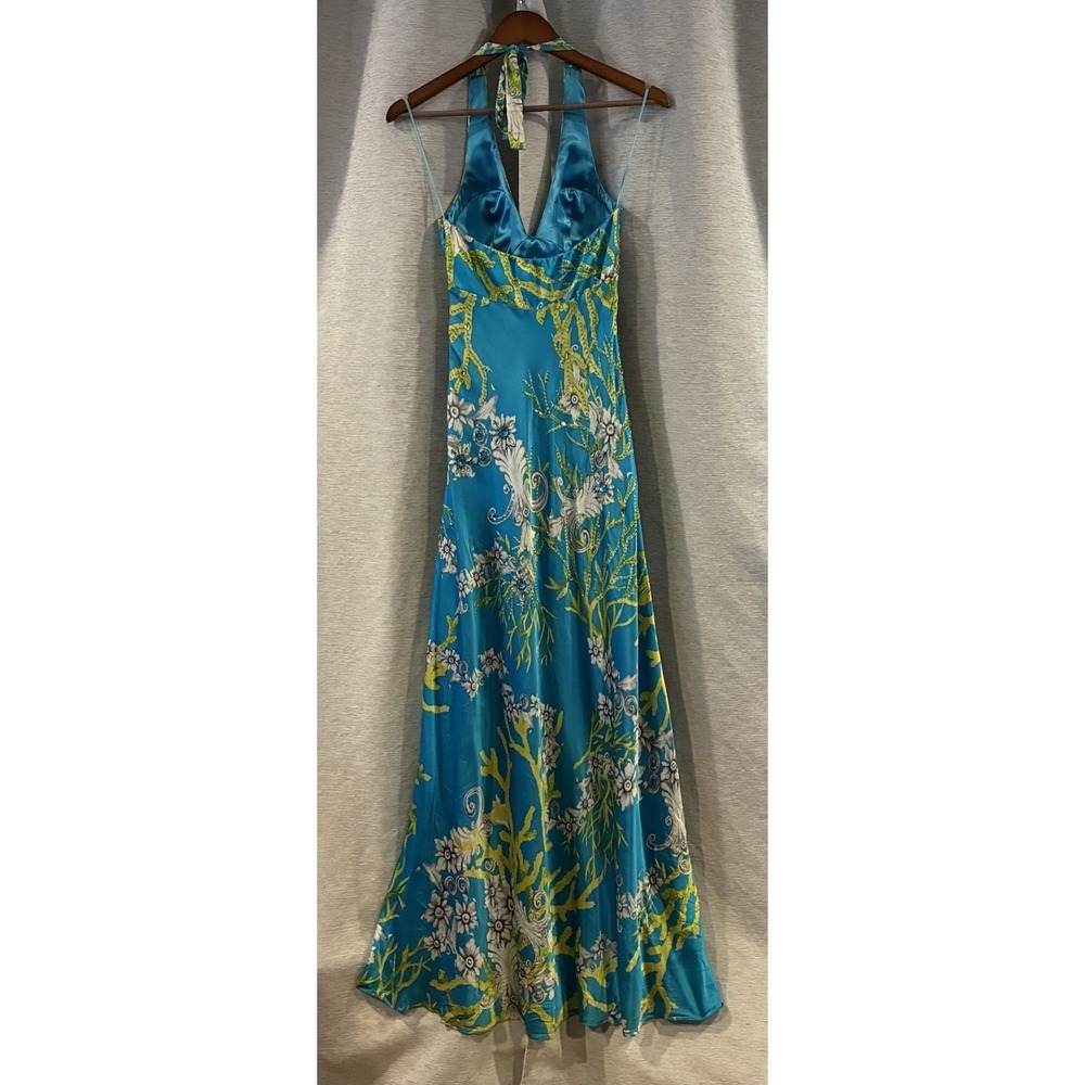 Vintage Cache Silk Halter Maxi Dress Beaded Floral Y2K Prom Formal Glam Size 2 - Picture 4 of 13